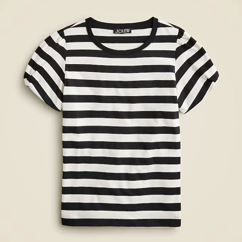 J.Crew Striped Puff Twisted Sleeves Classic Fit Tshirt, Small, White/ Black